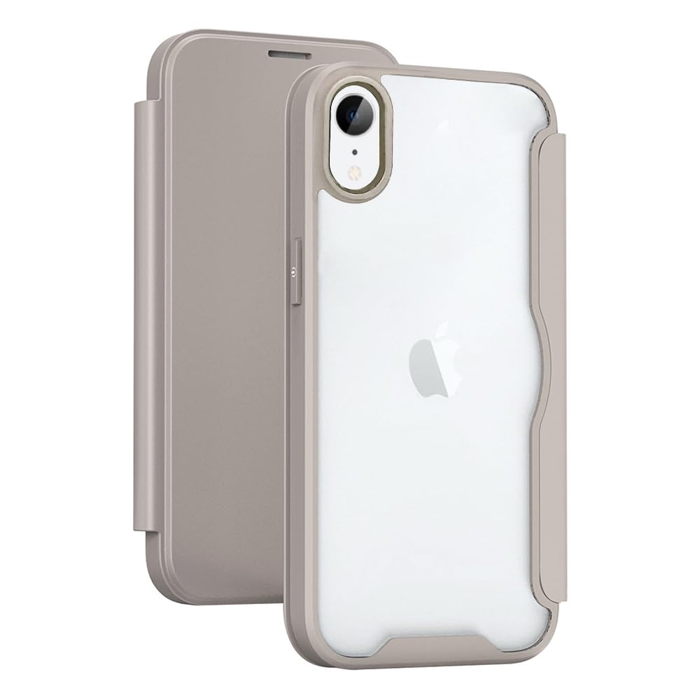 YUYIB スマホケース 対応 iPhone XR ケース 手帳型 背面 クリア 透明 高級なPUレザー+PCパネル+TPUバンパー マグネットが内蔵 衝撃吸収 軽量薄型 ブランド 対応 アイフォンXR 手帳型 ケース (カーキ色)