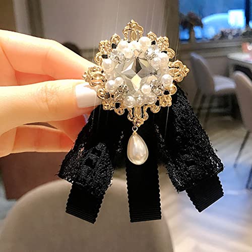 Lace Ribbon Bow Tie Brooch Rhinestone Pearl Necktie for Girl Women Fashion jabot collar brooch pins Pre-Tied Corsage4