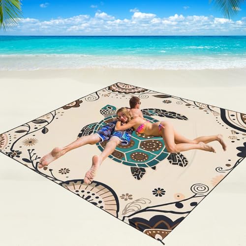 Image of WIWIGO Beach Blanket Waterproof Sandproof Beach Mat 79 inch X 83 inch /10'x9' for 2-8 Adults Turtle Pattern Picnic Mat Beach Accessories for Travel, Camping, Hiking