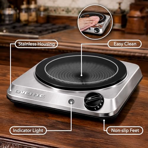 Image of OVENTE Countertop Infrared Single Burner, 1000W Electric Hot Plate with 7 inch Ceramic Glass Cooktop, 5 Level Temperature Setting & Easy to Clean Base, Compact Stove for Home Dorm Office, Silver BGI101S