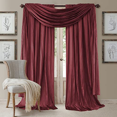 Elrene Home Fashions Faux Silk Light Filtering Window Curtain Set and Scarf, 52" x 95", Red, Polyester, 52"x95" (2 Panels) & 1 Valance