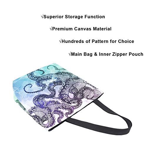 Zzkko Ocean Octopus Canvas Tote Grocery Bag Shoulder Casual Book Bag Large For Women Teachers, Kraken Cotton Bag Shopping Purse Handbag Reusable Multipurpose Use #TOP2