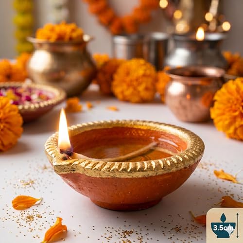 Image of Pure Source India Traditional Handmade Earthen Clay Big Size Diya for Laxmi Poojan, 4 Pieces | Elegant Blue Color (4 Pieces) - Premium Terracotta Akhand Jyot for Diwali, Puja & Festive Decor (Orange)