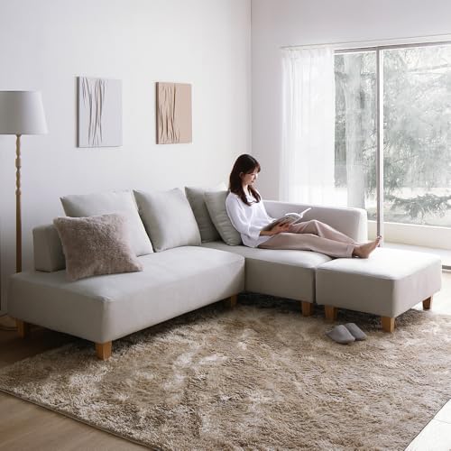 RASIK ソファー カウチ 3人掛け 3点セット (2.5人掛け+カウチソファ+オットマン) 木脚 アッシュホワイト L字 ポケットコイル 洗えるカバー 脚取り外し可 お客様組立 NAXAM ナザム