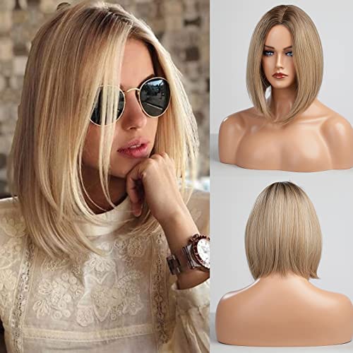 Ombre Blonde Bob Synthetic Wigs for Women Medium Long Natural Cosplay Hair Wig Straight Daily Heat Resistant Wig