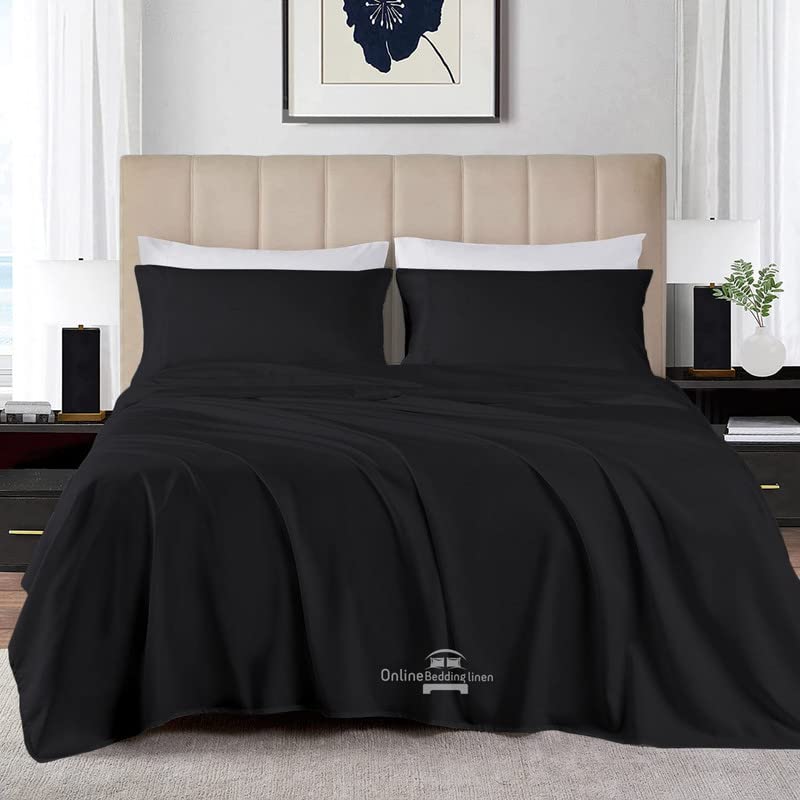 Short King Sheets Set - 4 Pc, Egyptian Cotton 800 Thread Count Cotton Bed Sheets 72 x 75 RV, Hotel Quality Cotton Sheets for RV Mattress, Camper Sheets 12" Deep Pocket, Black Solid