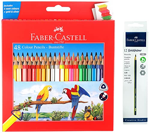 Image of Faber-Castell 48 Triangular Colour Pencils Gold Faber Graphite Pencil - HB BOX OF 12