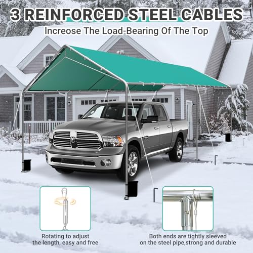 Image of Heavy Duty 10 X 20 Ft Easy to Assemble Metal Car Canopy Shelter with Reinforced Steel Cables, Outdoor Portable Garage for Car, Boat Tent, Green