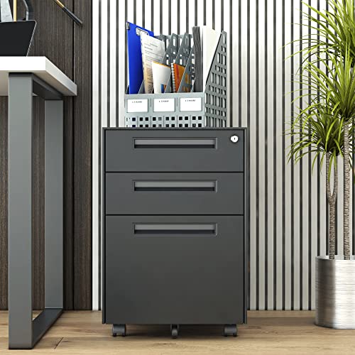 Washsemba 3 Drawer Mobile File Cabinet With Lock,Under Desk Metal Filing Cabinet For Legal/Letter/A4 File,Steel File Storage Cabinet For Home Office (Black) #TOP1