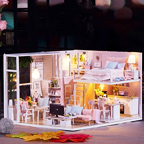 Puppenhaus Miniatur mit Möbeln, Maßstab 1: 24 Wooded DIY Puppenhaus Kit Pink Sweet Cute Modern Loft Modell Romantische Kunstwerk Lernspielzeug Geburtstagsgeschenk für Mädchen – Bild 5