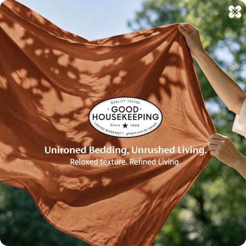 Image of Bedsure PureWoven 100% Washed Cotton Duvet Cover Set, King Size, 3-PC | Linen Like Texture, Percale Breathable Bedding Set for All Seasons, Zipper Closure, 8 Corner Ties, Burnt Orange, 104 inch x 90 inch