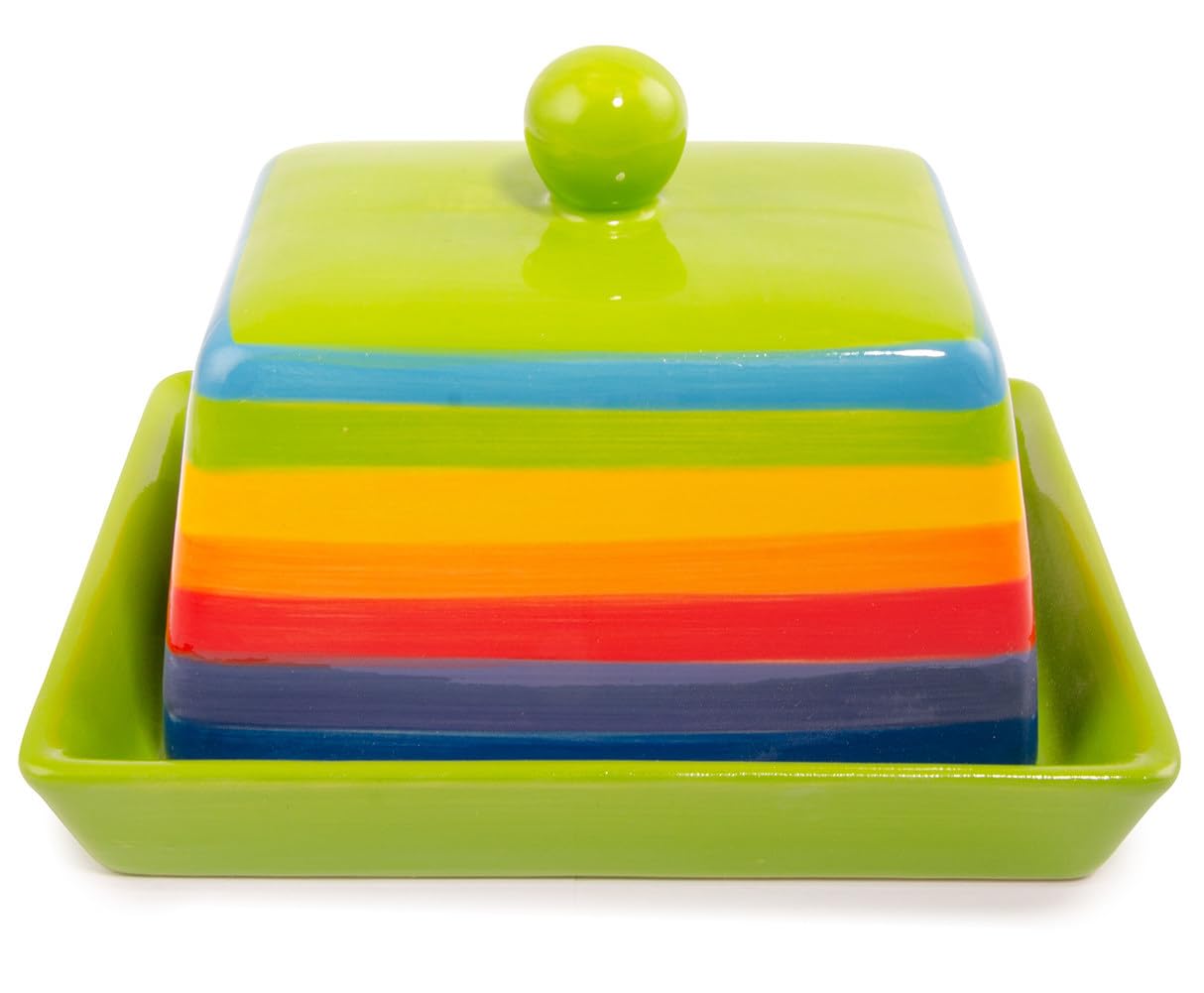 Handbemalte Butterdose aus Keramik mit Deckel, Regenbogenstreifen, Grün