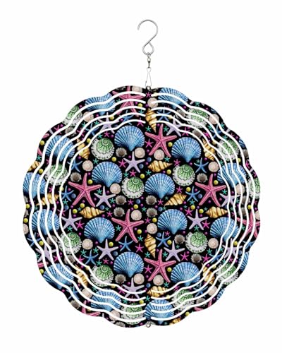 Ocean Wind Spinners, Sea Shell Conch Starfish Black Hanging Wind Spinners for Yard and Garden 3D Stainless Steel Metal Sculptures Crafts Ornaments 12 Inch