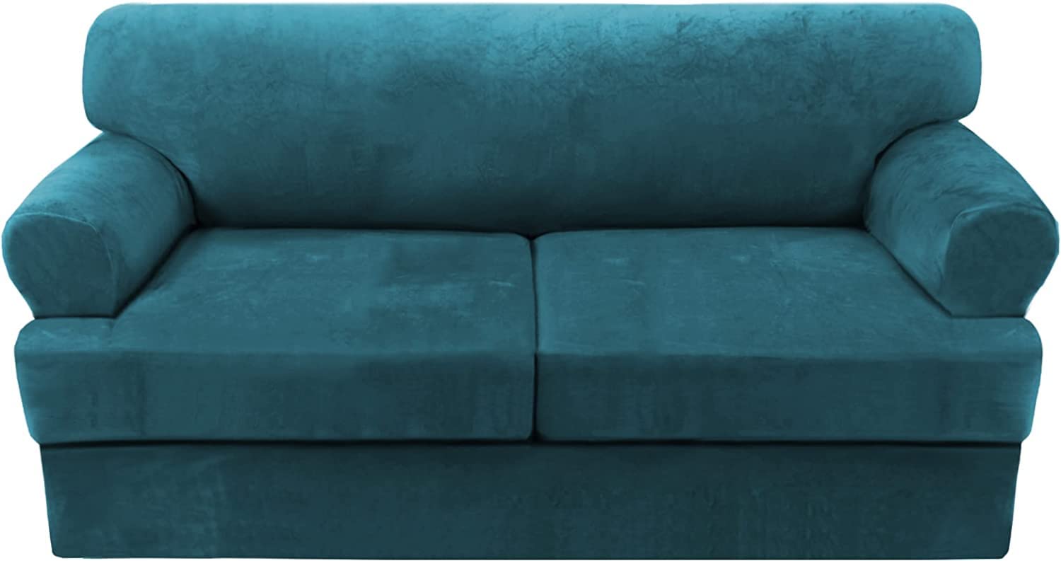 LINGKY Velvet Sofa Covers with Separate T Cushion Covers Ultra Soft Plush Sofa Slipcover No-Pilling Washable Furniture Protector with Elastic Bottom (Deep Teal,2 Cushion Loveseat)