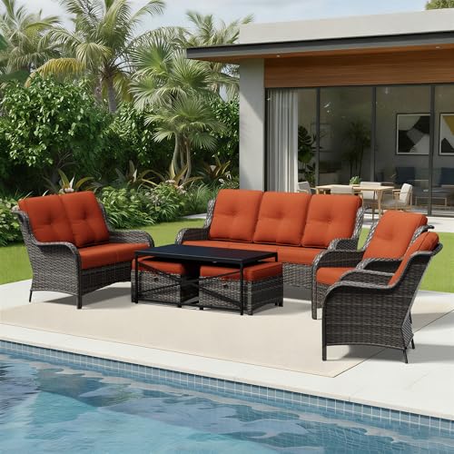 Image of Joyside 7 Piece Wicker Patio Furniture Set, Rattan Patio Chairs with High Back, Deep Seating, Wide Armrest, Thickened Cushions, Outdoor Furniture for Deck, Porch Use