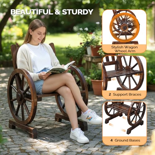 Image of VINGLI Rustic Wooden Wheel Bench Outdoor Bench, Patio Bench Wagon Slatted Seat, Garden Benches for Outdoors 350lbs High Capacity, Weather Resistance (Rustic, 23in)