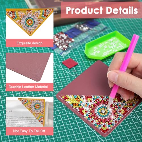 Image of DIY Diamond Painting Leather Corner Bookmarks Set of 4, Mandala Art Craft Kit for Readers Artists Students, Creative Handmade Gift for Book Lovers