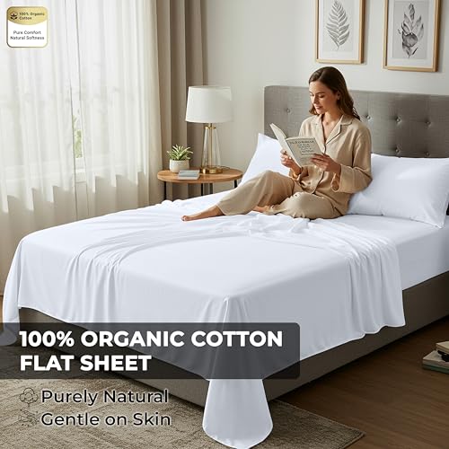 Image of Royale Linens 100% Organic Cotton Full 2 Pack Flat Sheet Only - Super Soft - Percale Top Sheets - Full Flat Sheet Sold Separately - Breathable, Cool & Crisp White Sheets Only (81 inch x 96 inch, White)