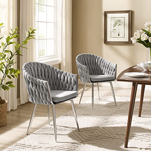Art Leon Set Of 4 Dining Chairs, Mid Century Modern Linen Woven Upholstered Kitchen Dining Room Chair, Accent Arm Chair Side Chair With Chromed Metal Legs, Light Gray #TOP6