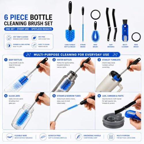 Image of 6-in-1 Bottle Cleaning Brush Set, Long Handle Stainless Steel Bottle Cleaner Brush with Straw Cleaner, Lid Brush & Gap Cleaner for Water Bottles, Stanley Tumblers, Baby Bottles, Mugs