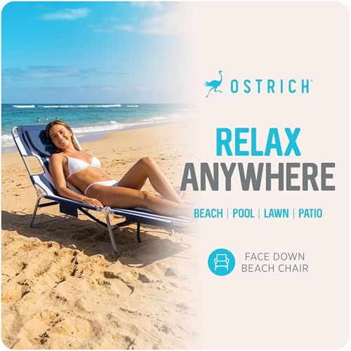 Image of Ostrich the Backpack Chaise Lounge, Folding & Reclining Outdoor Beach Chaise Lounger Chair for Lawn, Pool, Patio, Garden, and Yard, Blue Stripe