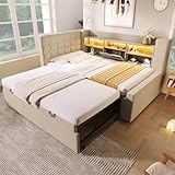 Miyemo Daybed with Pull Out Trundle, 3ft Upholstered Single Bed with Charging-Station & LED-Ambiance, for Living Room and Bedroom, 90 x 190 cm, Linen Fabric, Beige, (No Mattress)