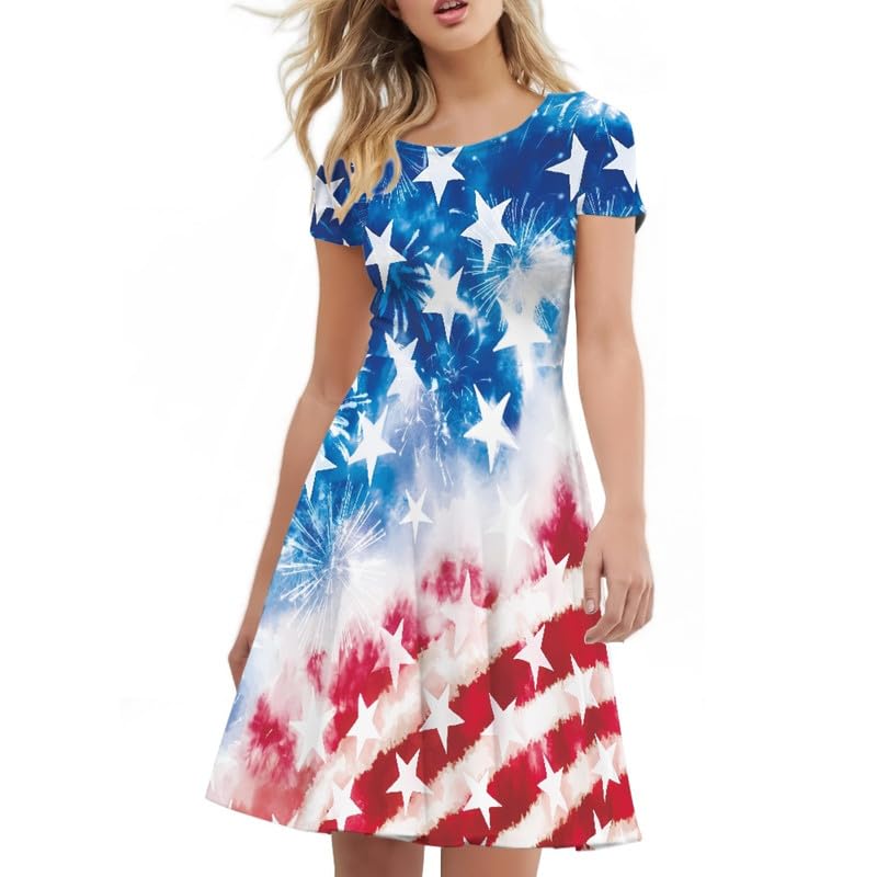 Image of Irisjudy T Shirt Dress for Women Short Sleeve Girls Short Sleeve Dress Plus Size, O Neck Knee Length Midi Dress for Ladies