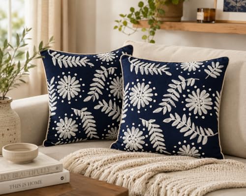Image of Prista Hand Embroidered Cushion Covers Set of 2 | 16x16 Inch Scattered Daisy Design | Slub Cotton Boho Sofa Covers | Hidden Zipper | Living Room Bedroom Decor (40cm x 40cm)