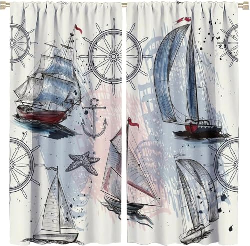 Rideau Occultant Thermiques pour Salon 3D Paysage De Bateau À Voile Rideaux Occultants A Oeillets Décoration De Fenêtre pour Chambre Draperies Intérieurs...