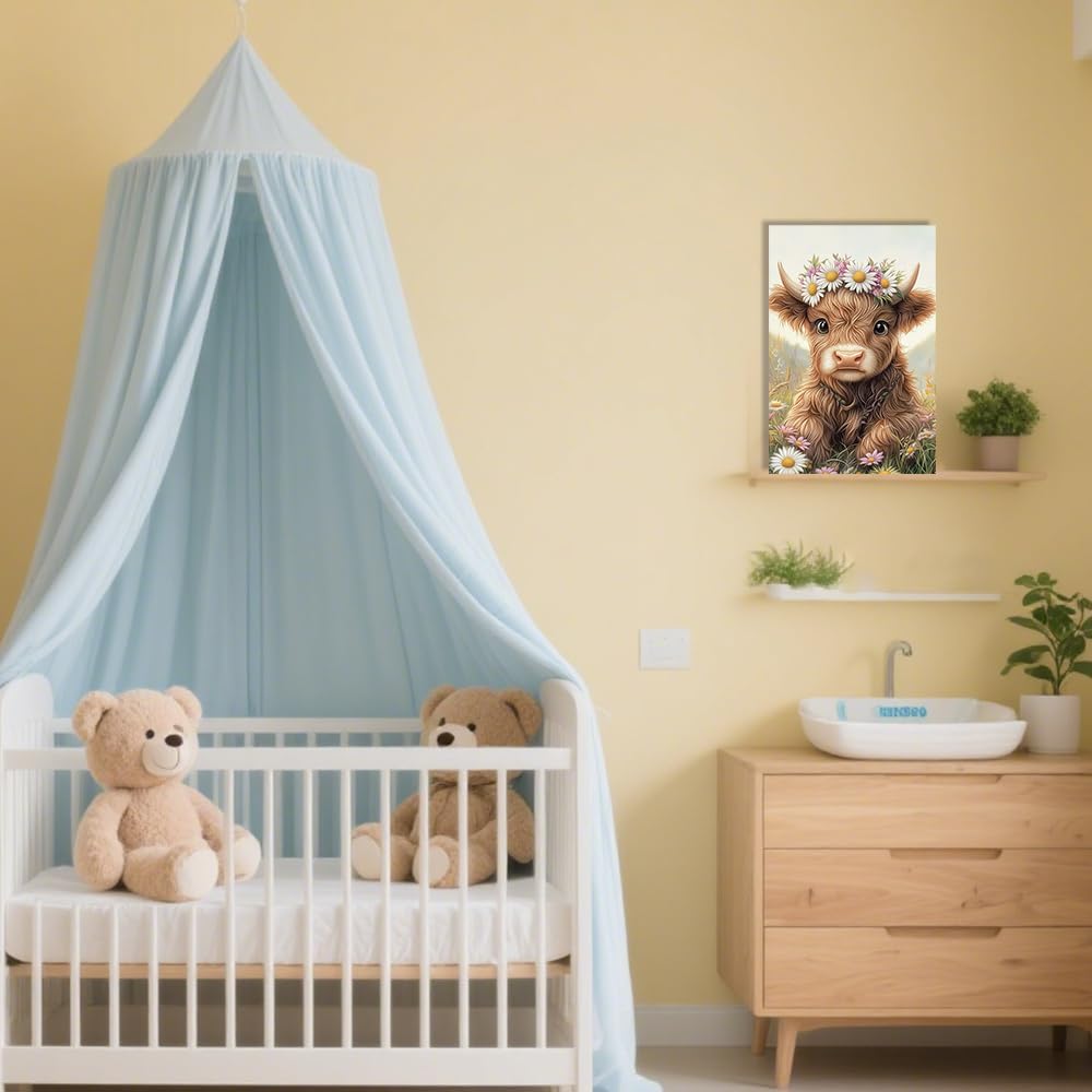 ZQQART Highland Cow Canvas Wall Art Cute Baby Cow Pictures Print Funny Calf and Daisy Flower Animals Poster Farmhouse Wall Decor (brown,12W x 18L)