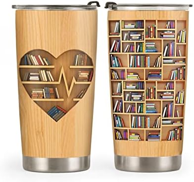 64HYDRO 20oz Book Lover Gifts for Women, Gifts for Book Lovers, Valentines Day Gifts for Her, Librarian Gifts, Reading Gifts Book Heart Bookshelf Tumbler Cup, Insulated Travel Coffee Mug with Lid