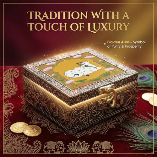 Image of Kamdhenu Wooden Jewellery Box | Handcrafted Decorative Storage Organizer | Traditional, Multipurpose Keepsake Box for Rings, Earrings & Small Accessories | Golden, Pack of 3