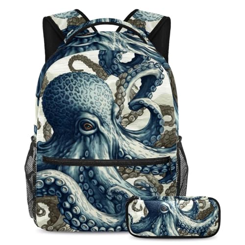 Sac à dos pieuvre bleue avec trousse pour l'école et voyage