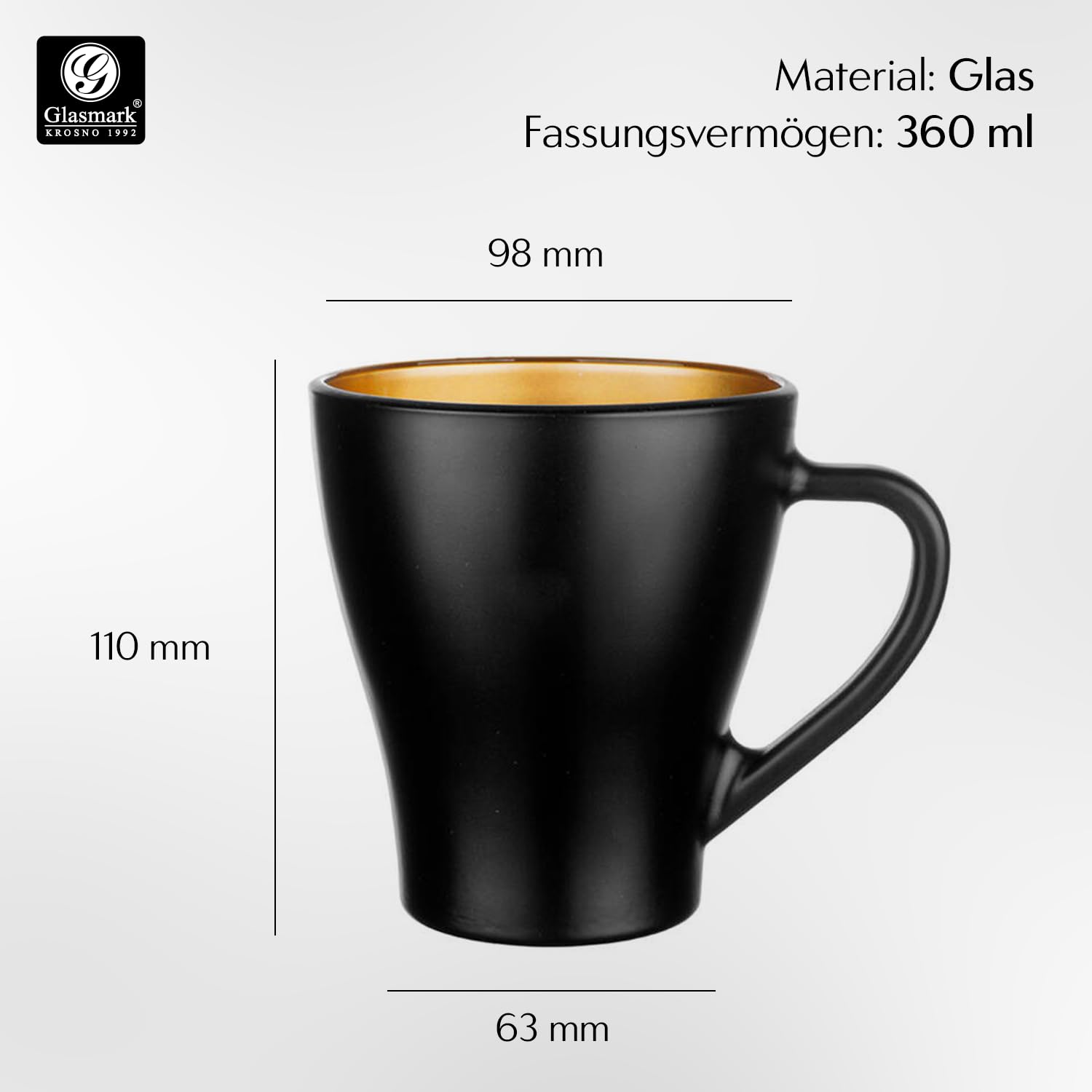 Glasmark KROSNO 1992 Hugo Kaffeegläser-Set 4-teilig Cappuccino Eiskaffee Gläser Becher Spülmaschinenfest Schwarz Gold 6x360 ml