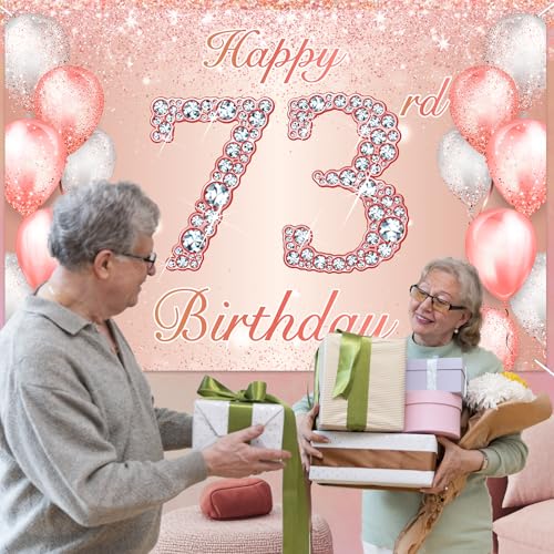Image of Happy 73rd Birthday Rose Gold Banner Cheers to 73 Years Old Backdrop Confetti Balloons Theme Decor for Women 73 Years Old Pink Birthday Party Decorations Bday Supplies Background Favors Gift Glitter
