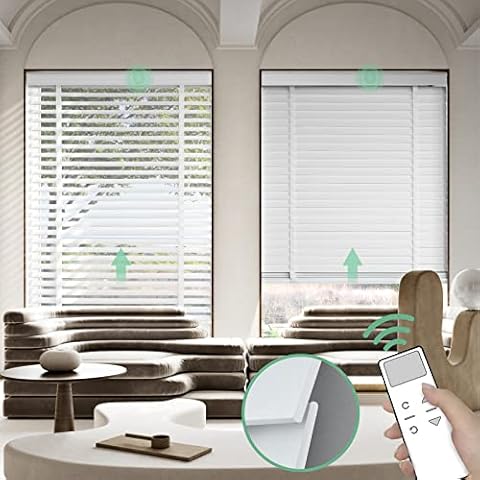 Yoolax Smart Real Wood Blinds, Motorized Wooden Blinds with Remote, Blackout Horizontal Venetian Blinds Cordless for Indoor Windows. 2 inch Blinds Non-Faux Wood White.Custom Size 28-87''W & 24-98''H Cover