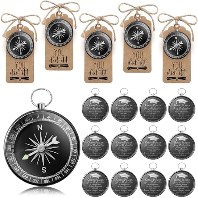 Coume 2025 Inspirational Graduation Gifts Engraved Compass for Middle Senior College Graduate Student Compass with You Did It Diploma Sign Tag Gift for Travel Grad Souvenir Favor(Black,24 Set)
