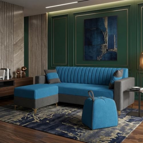 Image of FURNY Signature Regalia 4-Seater L-Shape Sofa Set with Movable Ottoman & Suri Pouf | Flexible LHS /RHS Layout | Boston Fabric | 40D Foam + Zigzag Spring | 3-Yr Warranty (Steel Grey - Sea Blue)