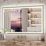 Keonjinn Gold LED Bathroom Mirror 48 x 30 Inch, Frontlit & Backlit Mirror with Metal Framed, Lighted Vanity Mirror with Stepless 3 Colors Lights, Anti Fog, UL-Listed LED Driver, HD Tempered Glass