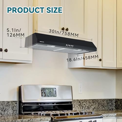 Image of 30 inch Under Cabinet Range Hood, Convertible Ducted /Ductless, 550 CFM Strong Airflow, 3-Speed Touch Control, 2 LED Lights, 6-Layer Stainless Steel Filters, Black