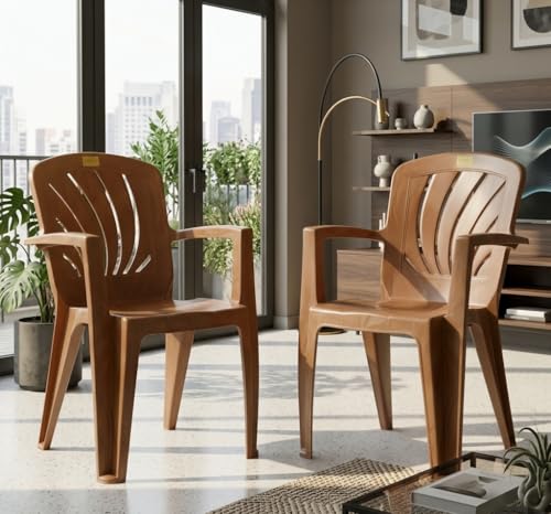 Image of Single Plastic Chair for Home & Outdoor Use | Heavy Duty Comfortable Chair with Strong Legs | Easy to Clean | Suitable for Living Room, Balcony (Pack of 2-Elba | Sandalwood)