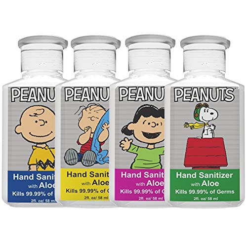 PEANUTS Hand Sanitizer Gel | Set of 4 Mini Hand Sanitizers with Peanuts Gang Characters| Travel Alcohol-Based Hand Sanitizer | Moisturizing Hand Sanitizer Gel with Aloe Vera