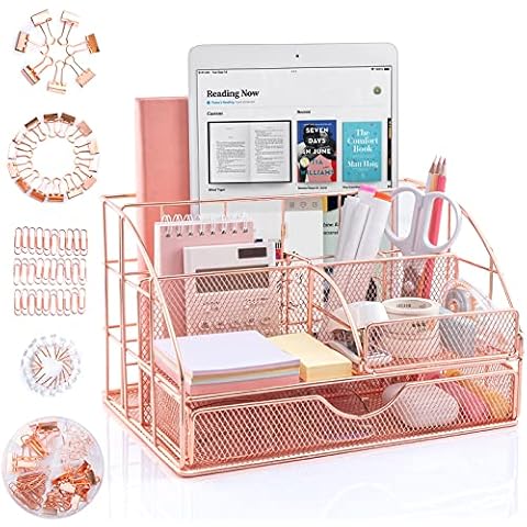 ARCOBIS Desk Drawer Organiser Set, Upgraded Large Desk Tidy Organiser, Office Stationary Organiser with Bonus 72 Clips Set, Rose Gold Cover