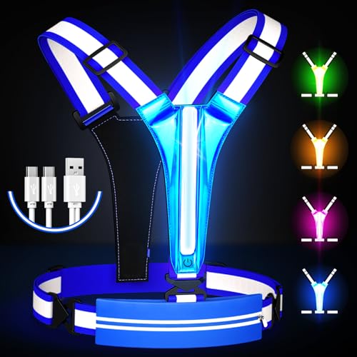 Ylzzrs Chaleco Reflectante LED para Correr, Chaleco con luz, Soporte para teléfono para Corredores de Noche, 6-11 Horas, Cintura Ajustable con luz y Hombro para Mujeres, Hombres y niños (Azul)
