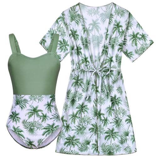 Funnycokid Girls One Piece Swimsuit with Cover Up Bathing Suit Swim Set Kids 6-12 Years