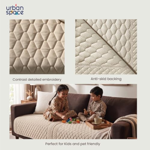 Image of Urban Space Velvet Embroidery Quilted Sofa Cover mat, Premium 1 Seater Non-Slip Sofa slipcover, Easy Care & Machine Washable, Seat Runner for Couch for Living Space (1 Seater - Honeycomb Beige)