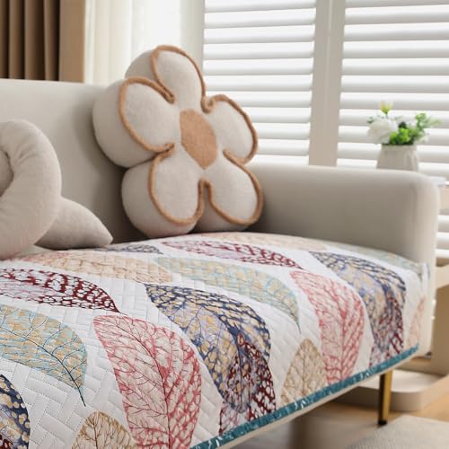 Image of HOKIPO 'HomeHues Series' Printed Quilted Sofa Cover Mat for 2 Seater Sofa, Multicolor Linden Leaf (IN-807-D7*1)