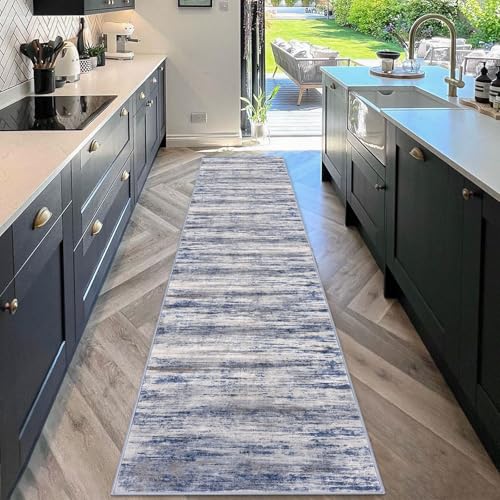 KOZYFLY Modern Abstract Kitchen Runner Rug, 2x10 Washable Rug Runner Non-Slip Soft Striped Hallway Runner Rugs, Grey Blue Print Distressed Carpet Runner for Entryway Bathroom Laundry Room Foyer