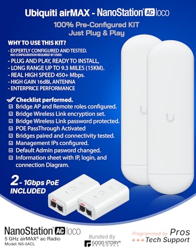 Image of Wireless Bridge Ubiquiti NS-5AC PRE-CONFIGURED, Bundle of 2 Ubiquiti Nanostation NS5AC, Point to Point Outdoor WiFi Bridge, Plugh and Play, 5GHz, 450+Mbps, 15+km Link Range, Network Bridge