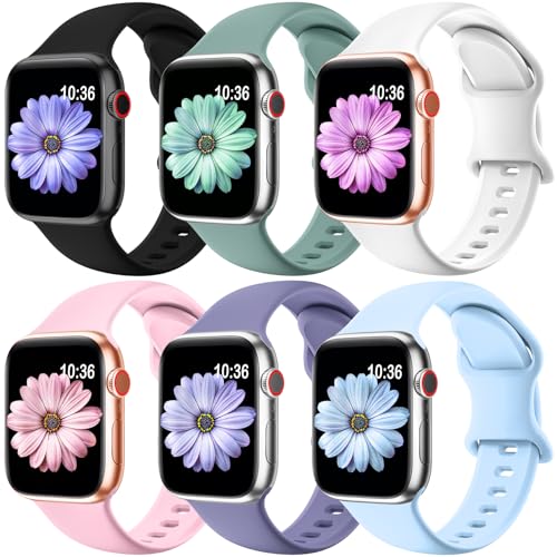 Image of 6 Pack Sport Bands Compatible with Apple Watch Band 38mm 40mm 41mm 42mm 44mm 45mm 49mm,Soft Silicone Waterproof Strap for iWatch Ultra2 Series 9 Ultra 8 7 6 5 4 3 2 1 SE Women Men